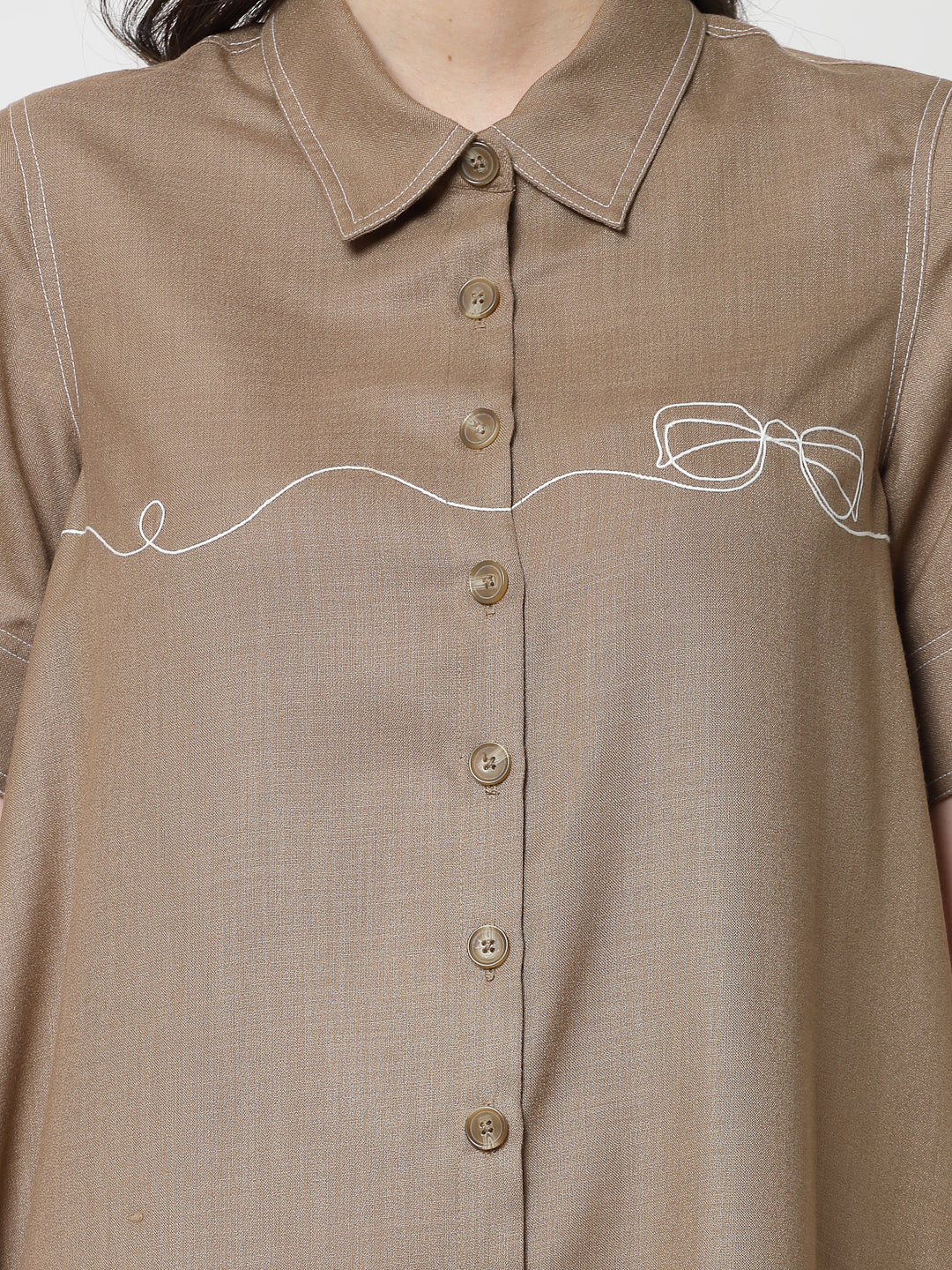 Dark Beige Dress With Embroidered Spectacles
