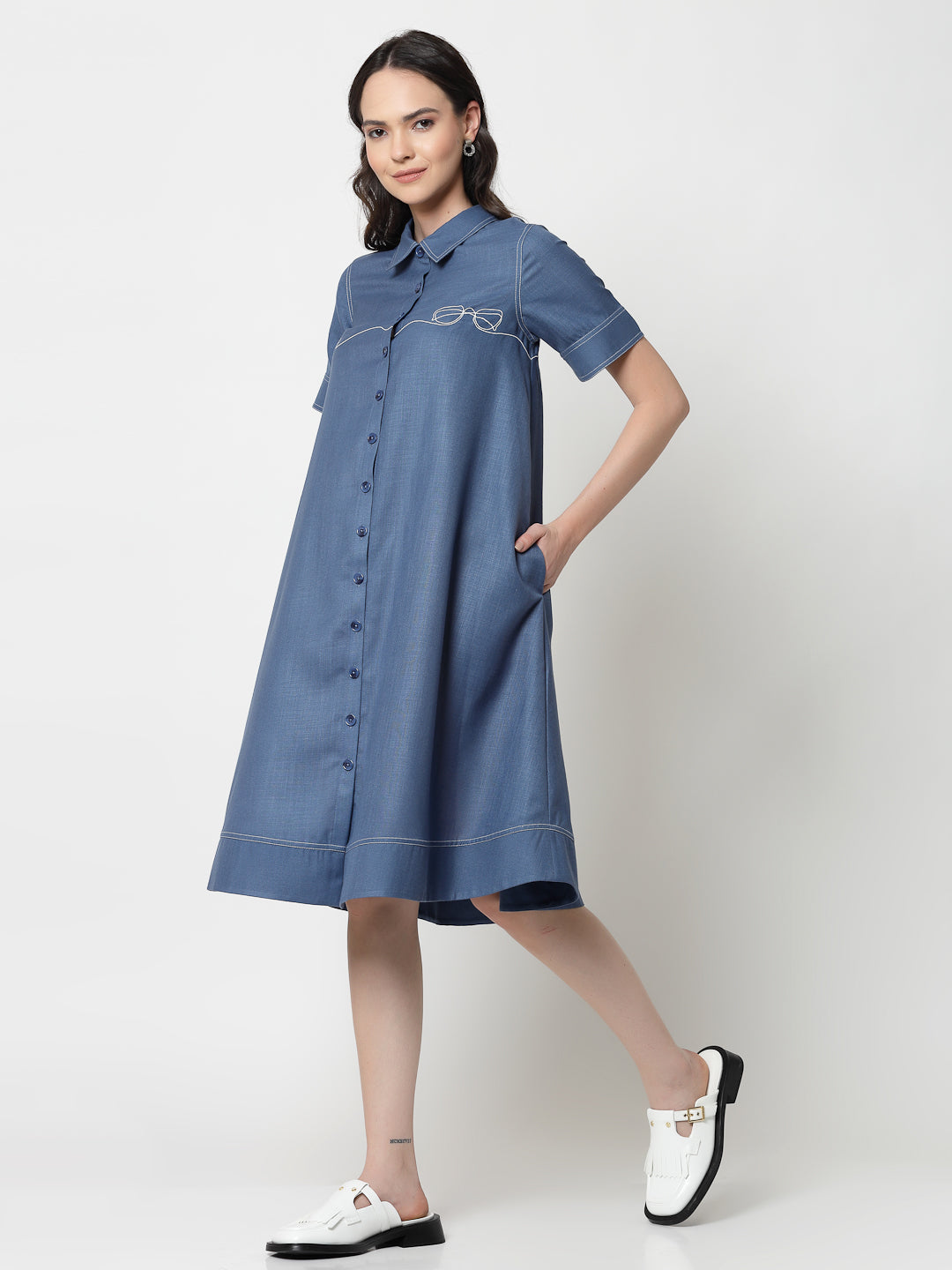 Dark Blue Dress With Embroidered Spectacles