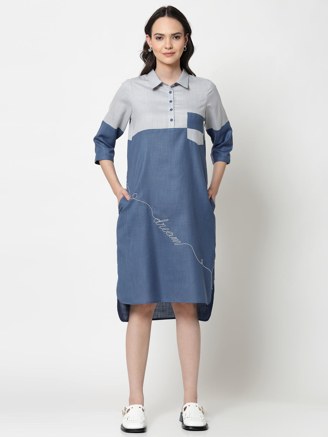 Blue Double Colour Dress With Embroidery