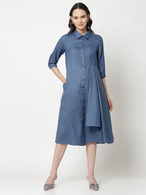 Dark Blue Cotton Pleated Long Dress