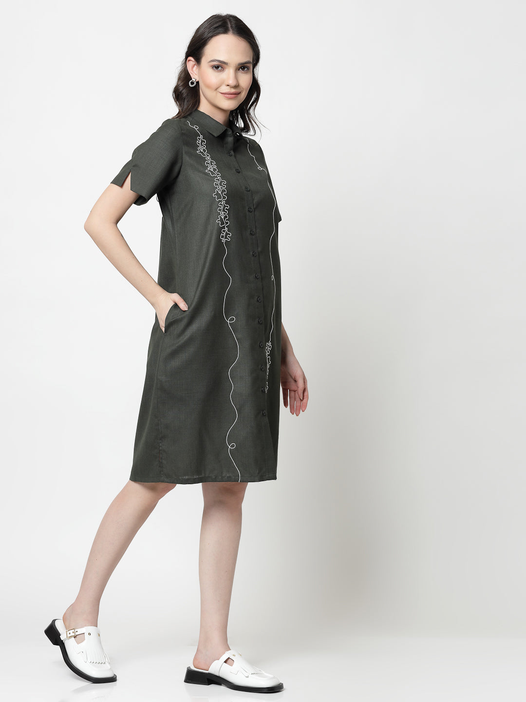 Dark Green Long Tunic With Puzzle Embroidery