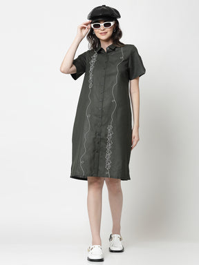 Dark Green Long Tunic With Puzzle Embroidery