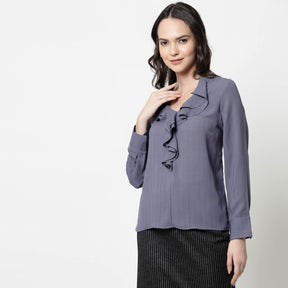 Blue Formal Top With Frill Collar