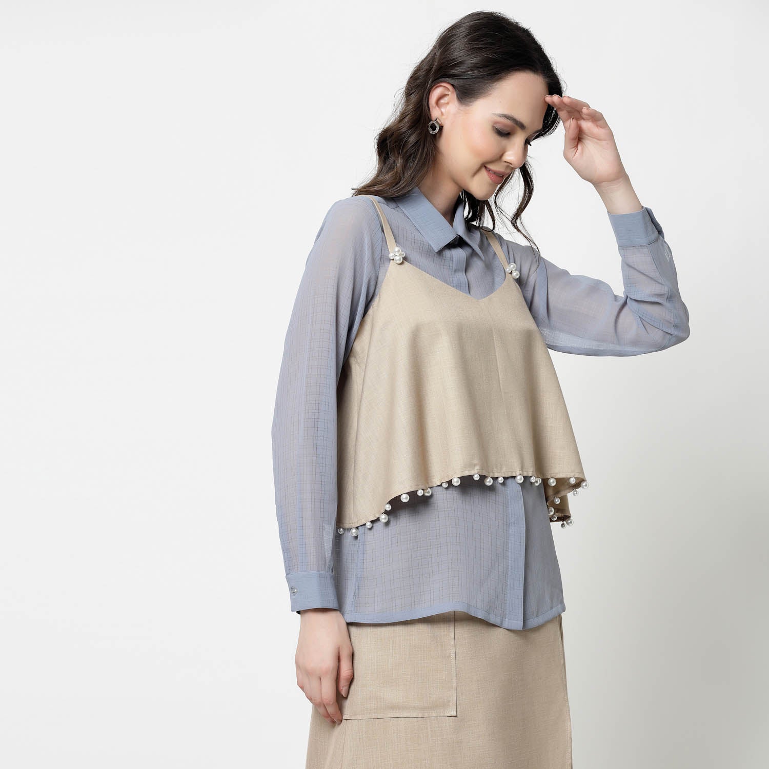 Blue Georgette Shirt With Pearl Embroidered Shrug
