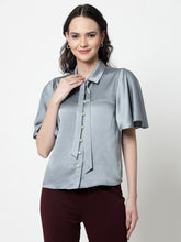 Bluish Grey Satin Top With Bell Sleeves & Tie Knot