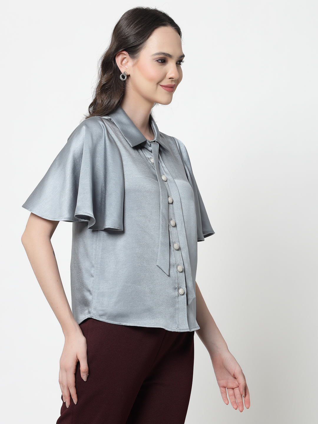 Bluish Grey Satin Top With Bell Sleeves & Tie Knot