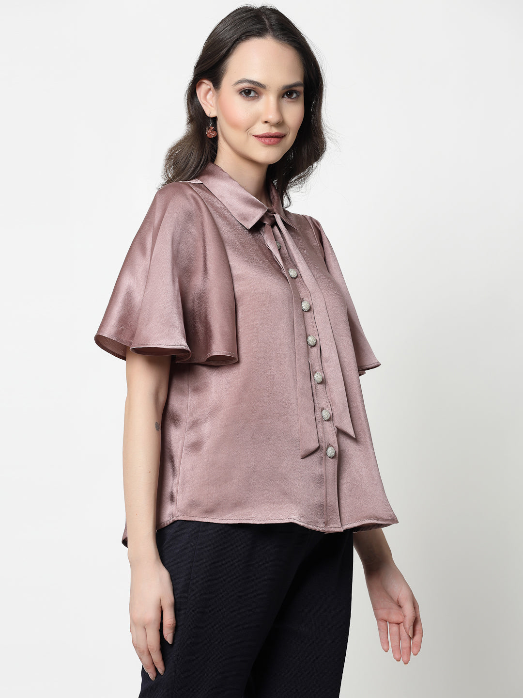 Pink Satin Top With Bell Sleeves & Tie Knot
