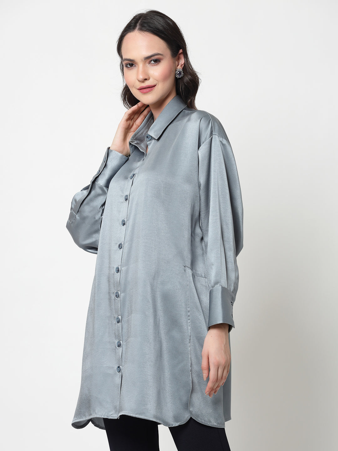 Bluish Grey Satin Oversize Long Shirt