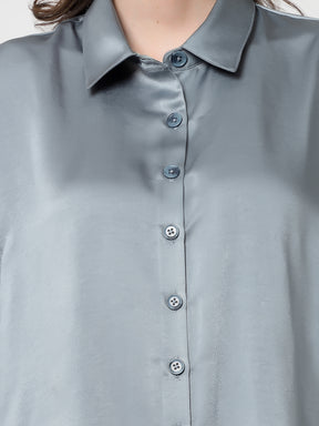 Bluish Grey Satin Oversize Long Shirt