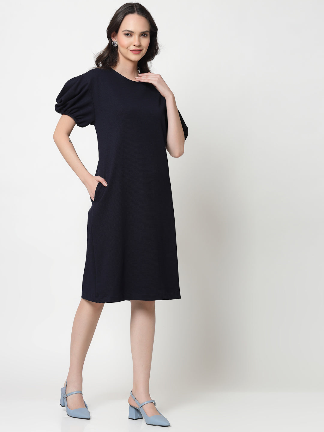 Blue Lycra With Puff Sleeve Dress