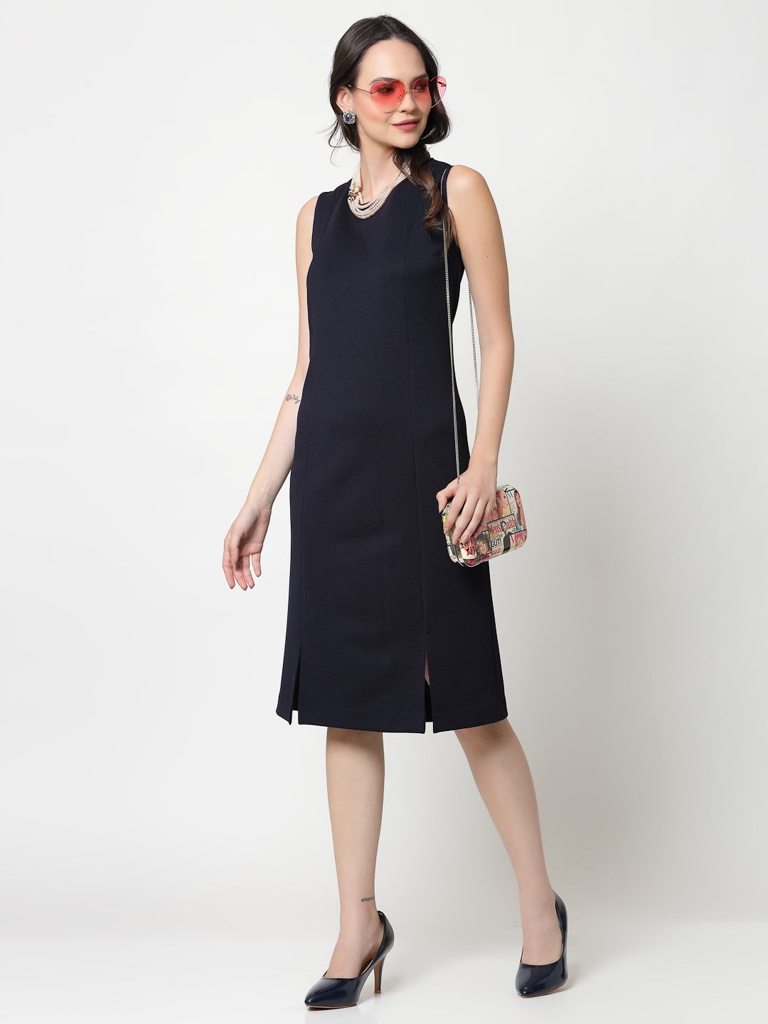 Blue Without Sleeves Dress With Slits