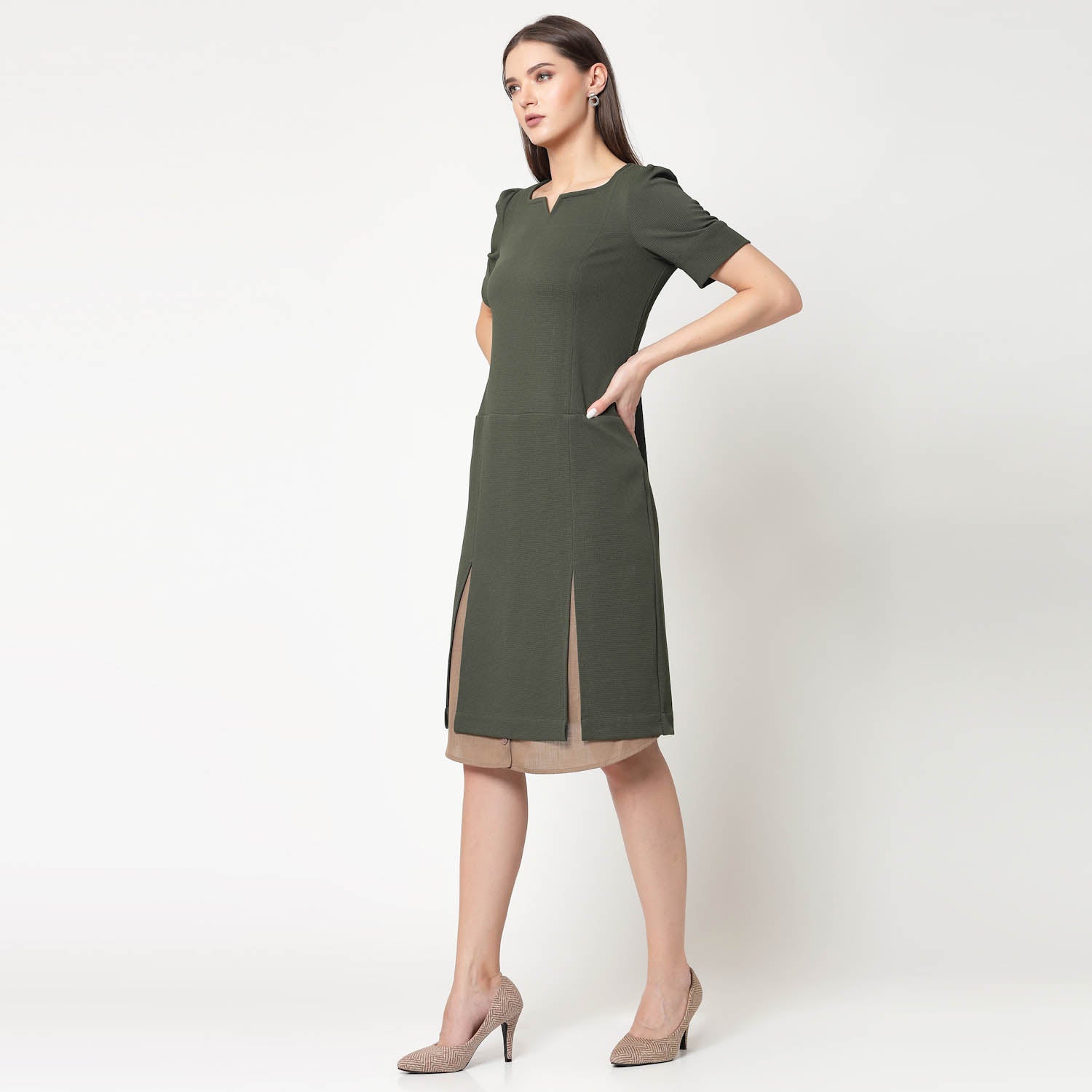 Olive Dress With Beige Inner Shirt