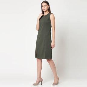 Olive Without Sleeves Dress With Slits