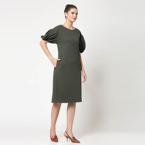 Olive Lycra With Puff Sleeve Dress