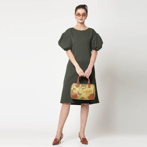 Olive Lycra With Puff Sleeve Dress