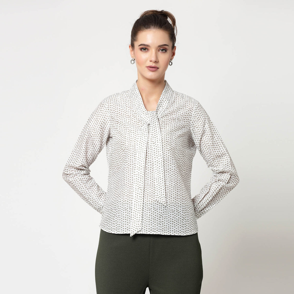 White & Olive Polka Top With Tie Knot