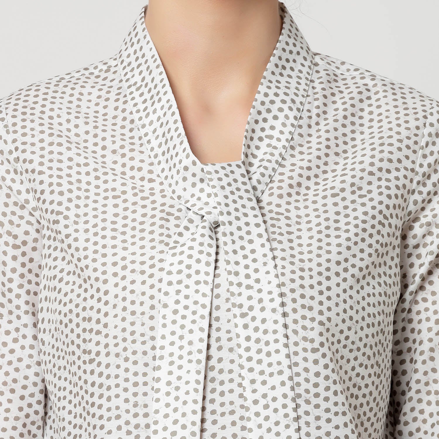 White & Olive Polka Top With Tie Knot
