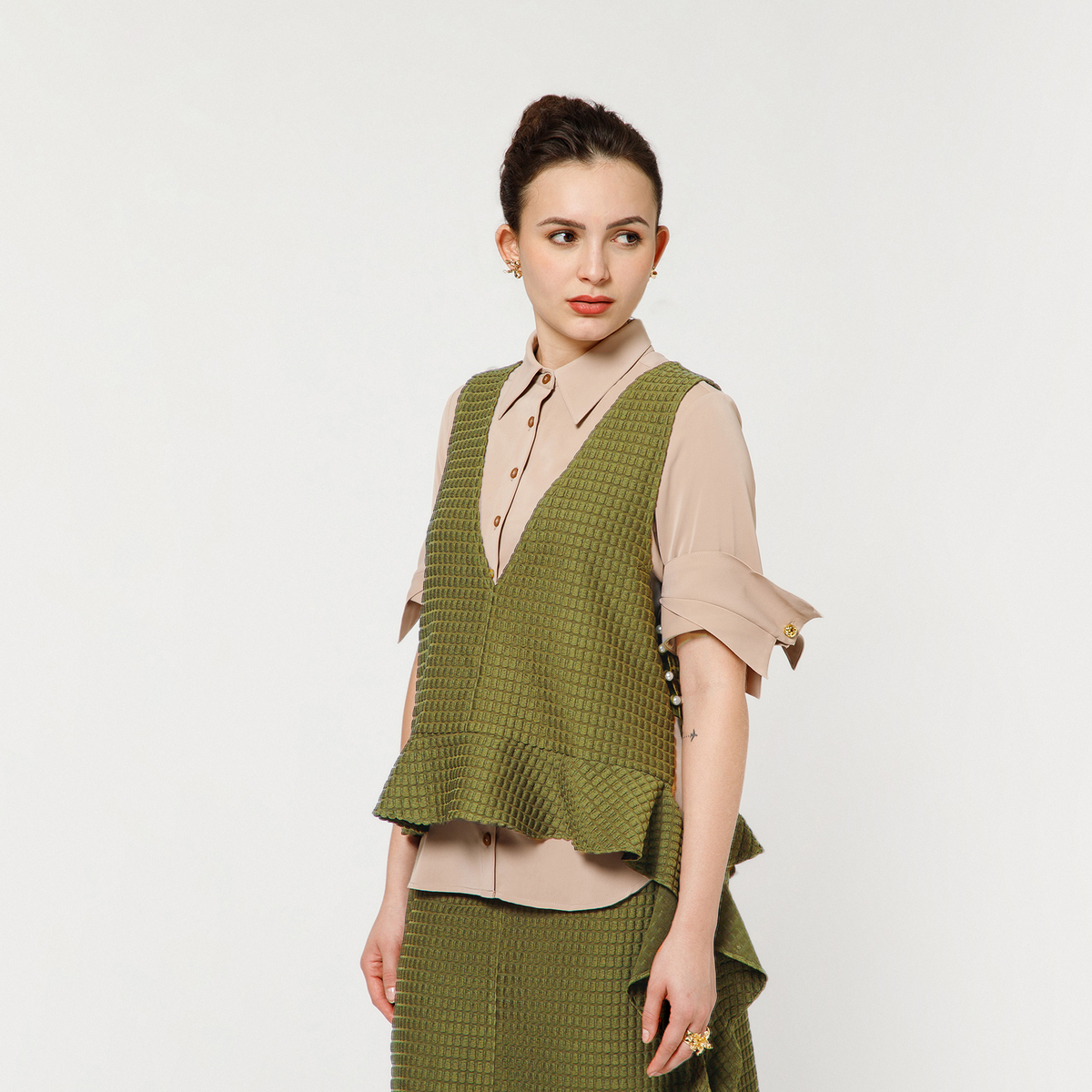 Olive Textured Shrug With Beige Shirt And Dramatic Cufflink