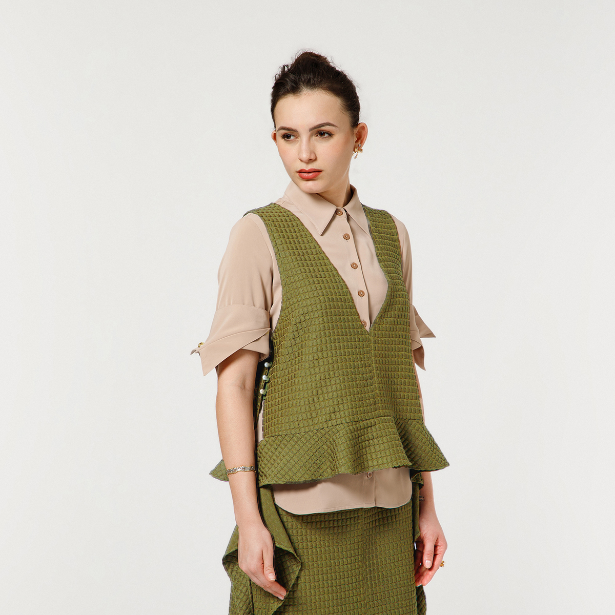 Olive Textured Shrug With Beige Shirt And Dramatic Cufflink