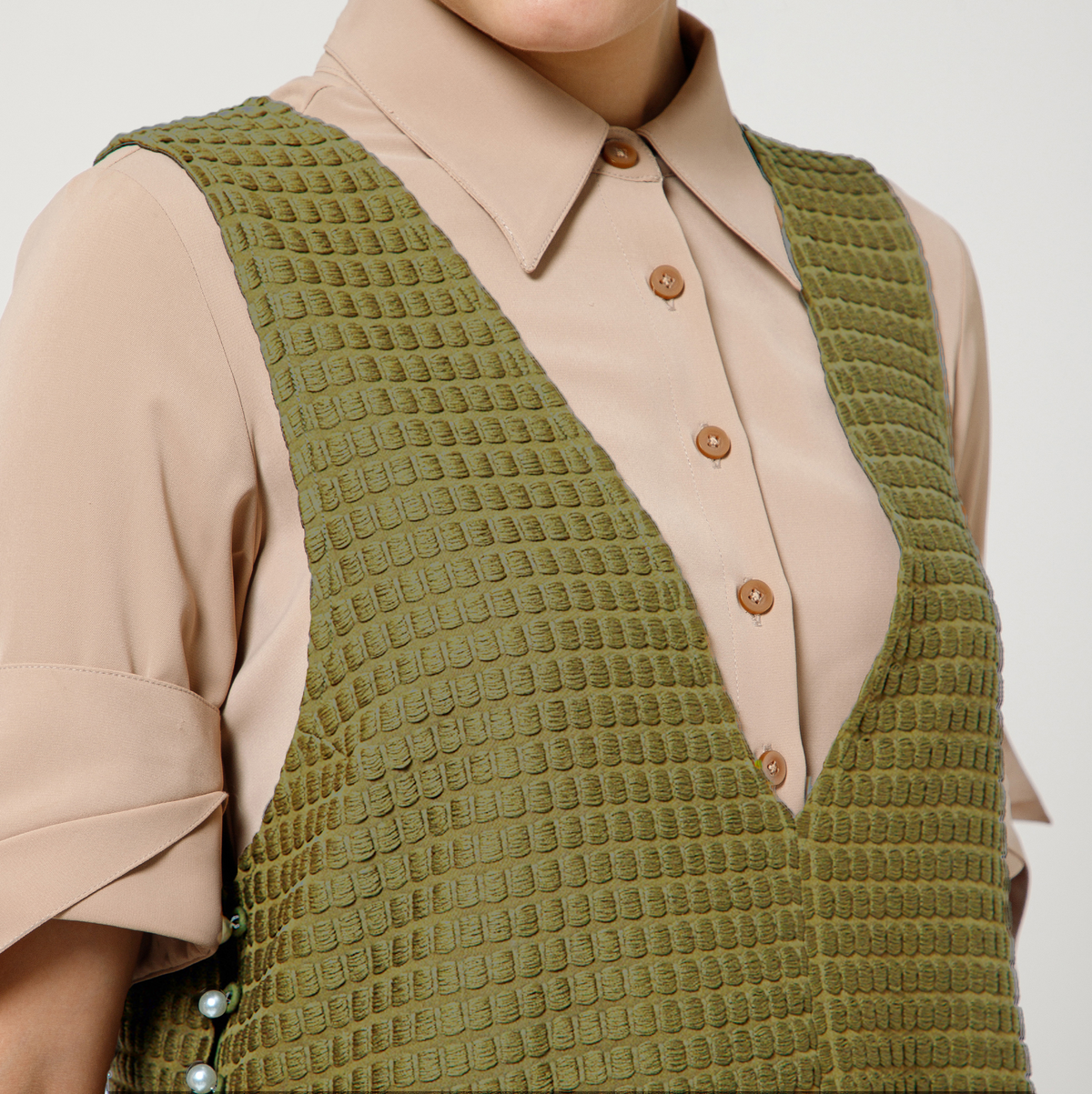 Olive Textured Shrug With Beige Shirt And Dramatic Cufflink
