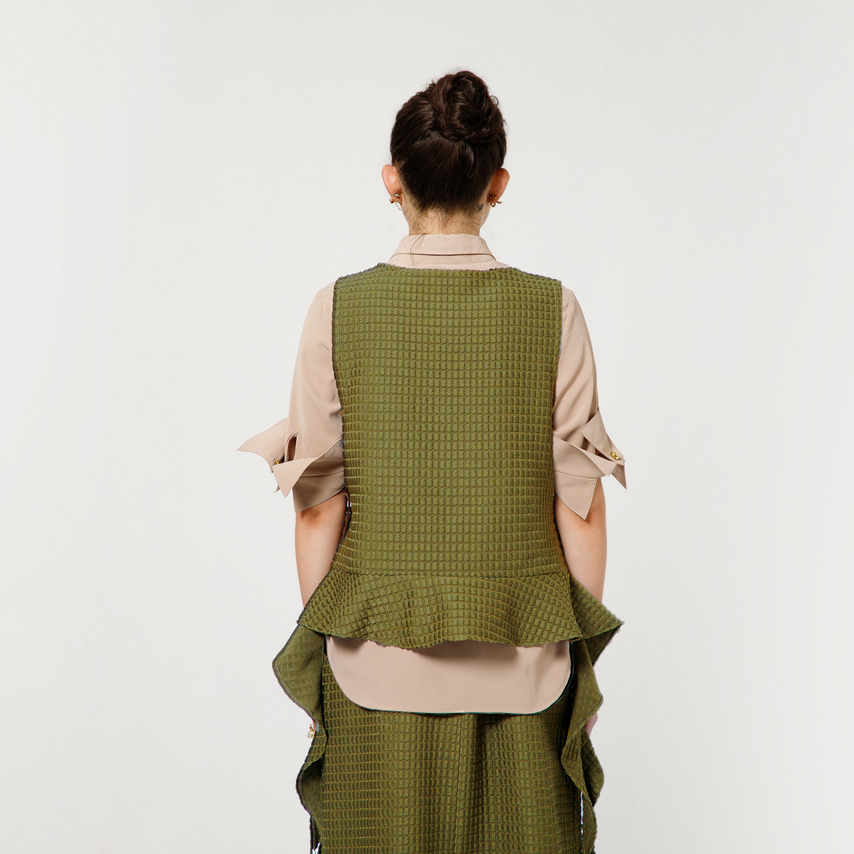 Olive Textured Shrug With Beige Shirt And Dramatic Cufflink