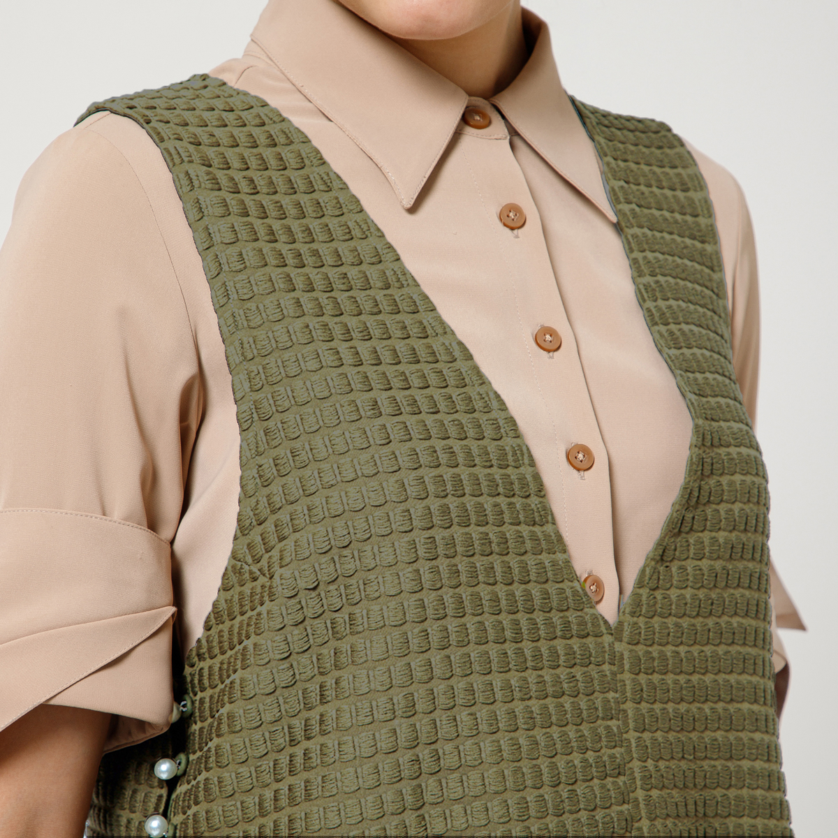 Olive Textured Shrug With Beige Shirt And Dramatic Cufflink