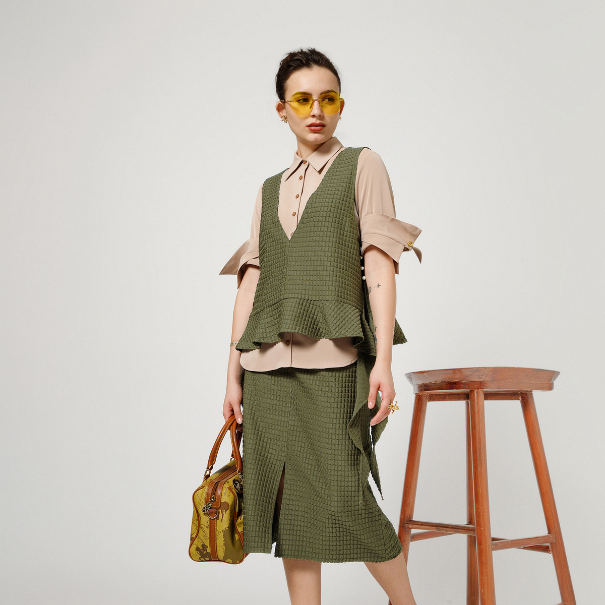 Olive Textured Shrug With Beige Shirt And Dramatic Cufflink