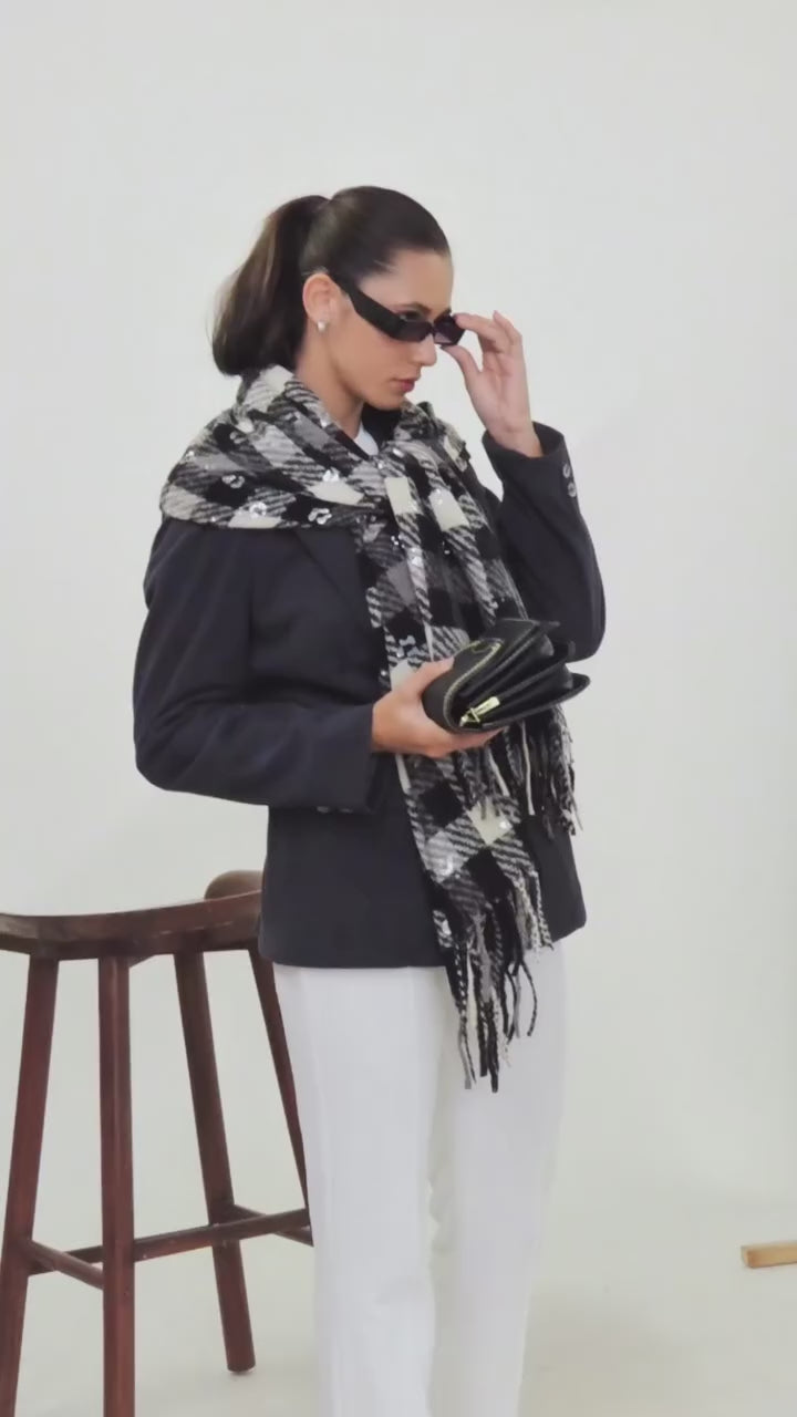 Black And White Check Stole With Foil Print