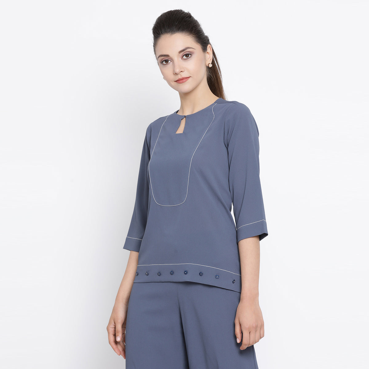 Stone Blue Crepe Top With White Top Stitching At Yoke