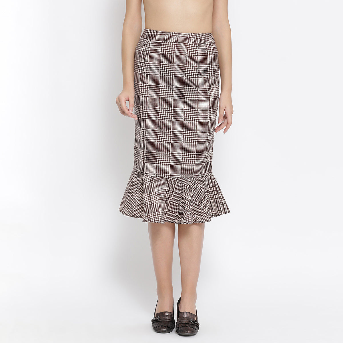 Brown Check Lycra Fish Cut Skirt