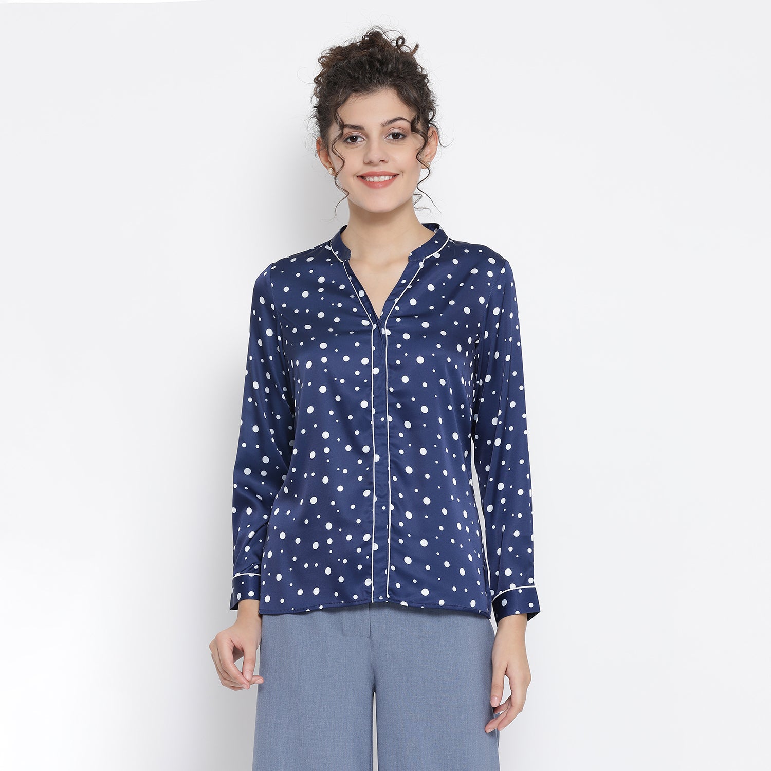 Blue White Silk Polka Top With Contrast Piping