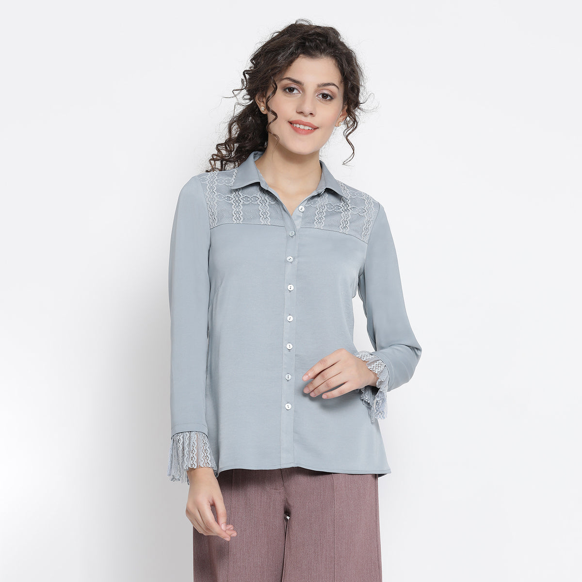 Blue Shirt With French Lace At Yoke And Sleeves