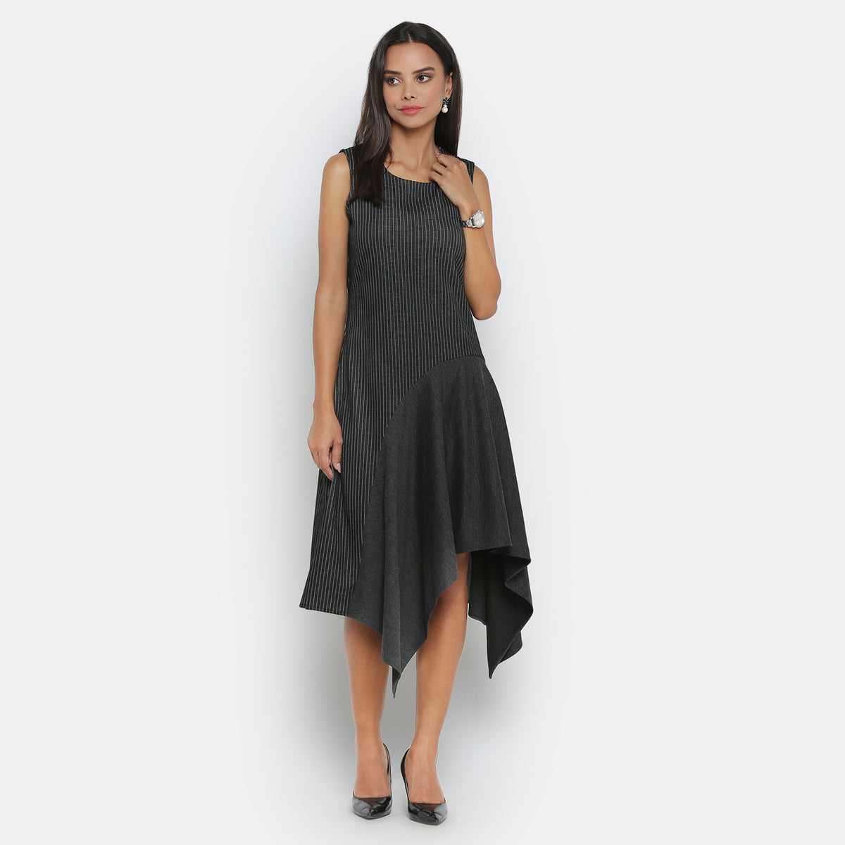 Black Line & Dark Grey Asymmetric Dress