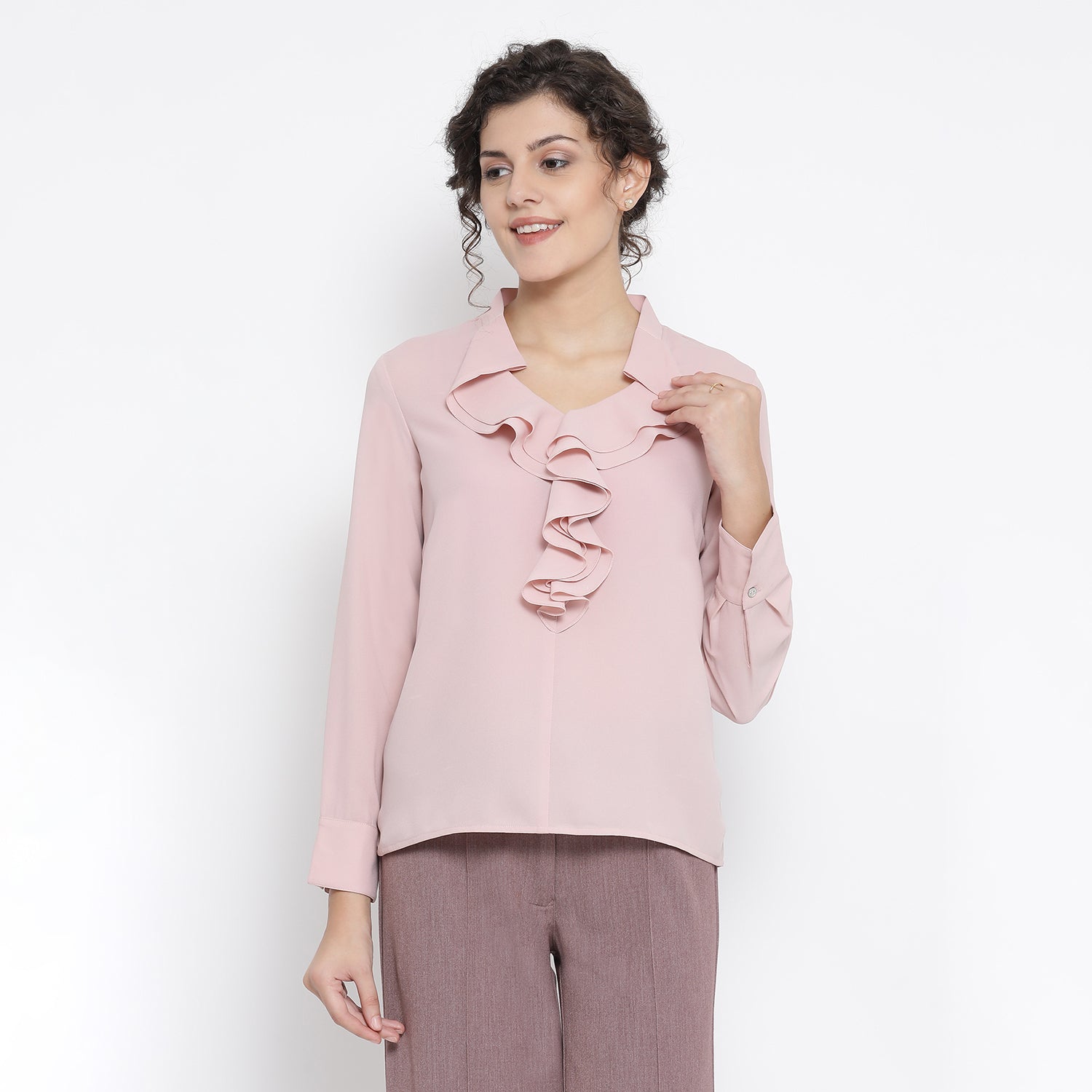 Pink Georgette Top With Drape Collar