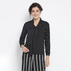 Black And White Polka Top With Tie Knot