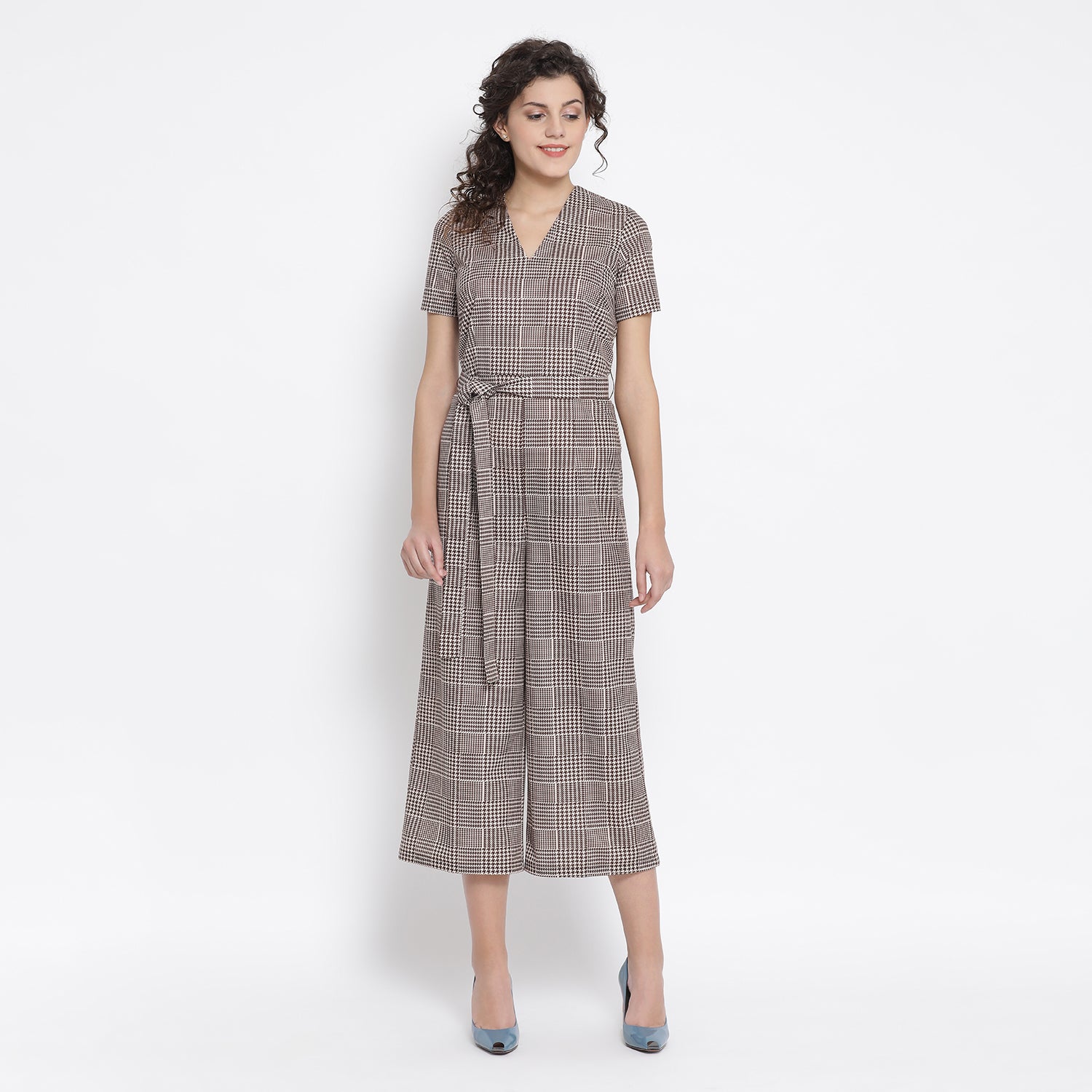Brown Check Jumpsuit With Belt Knot