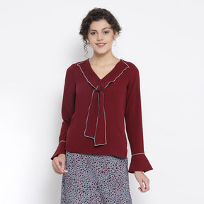 Maroon Georgette Drape Neck Top With Tie Up