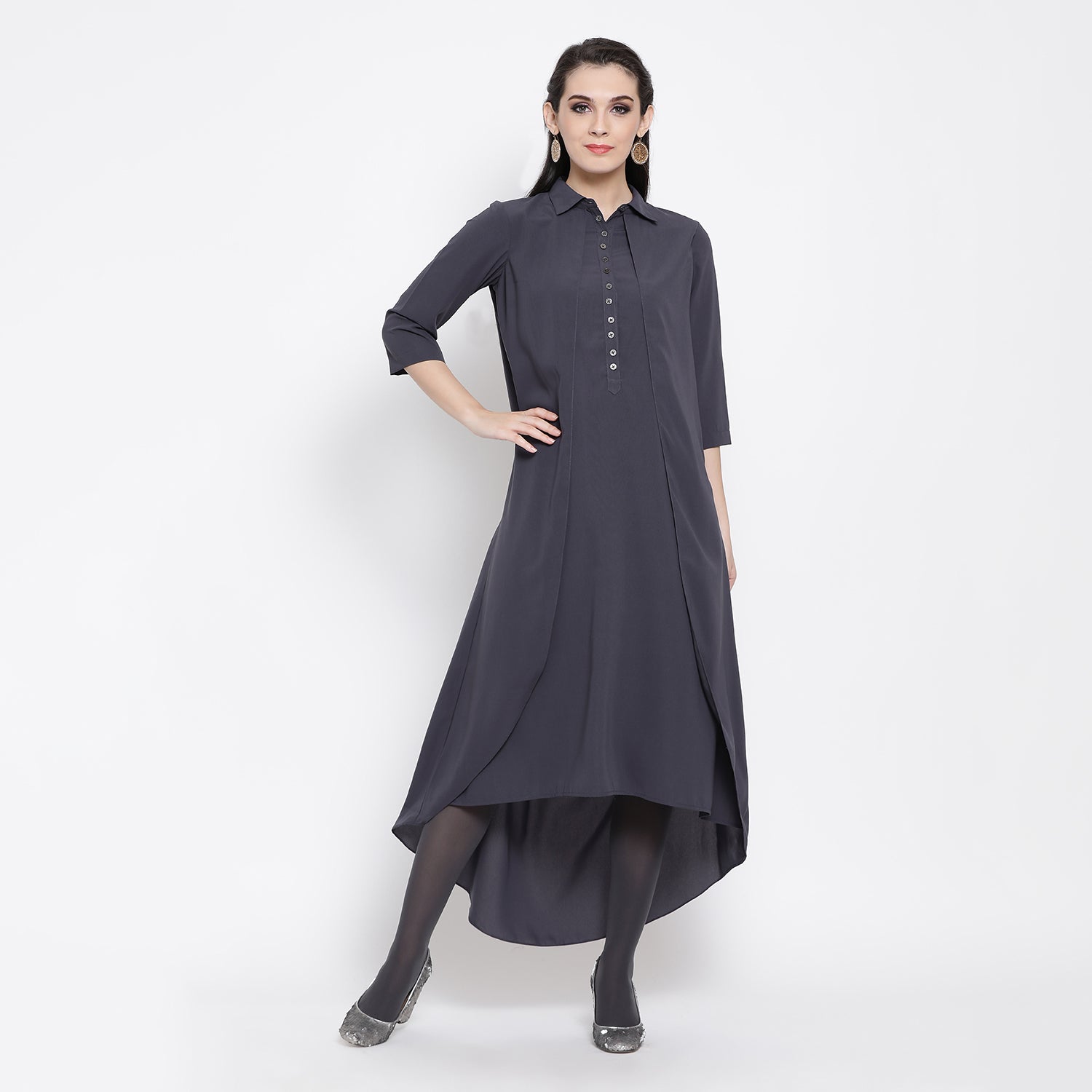Slate Blue Double Layer Asymmetrical Long Dress