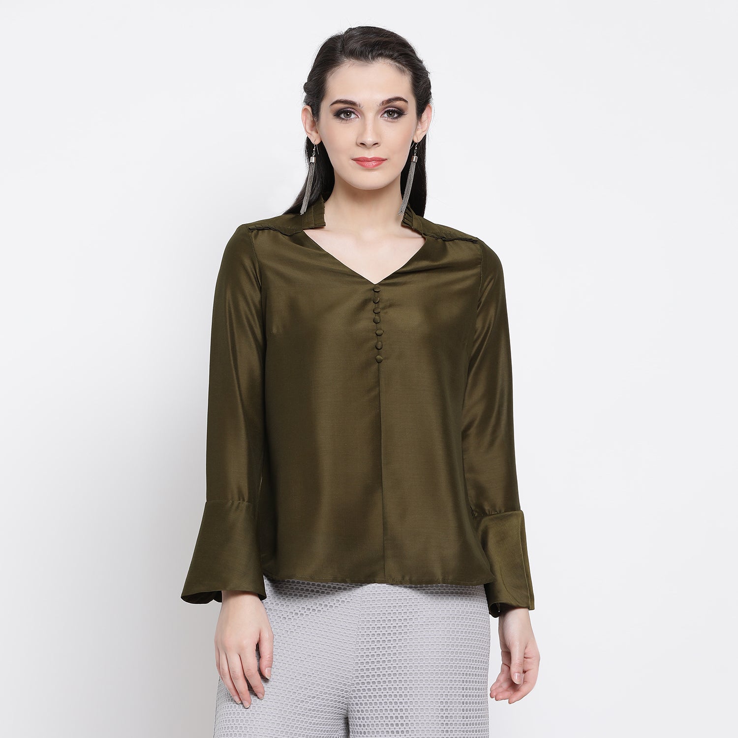Dark Olive Top With Frill Collar And Buttons
