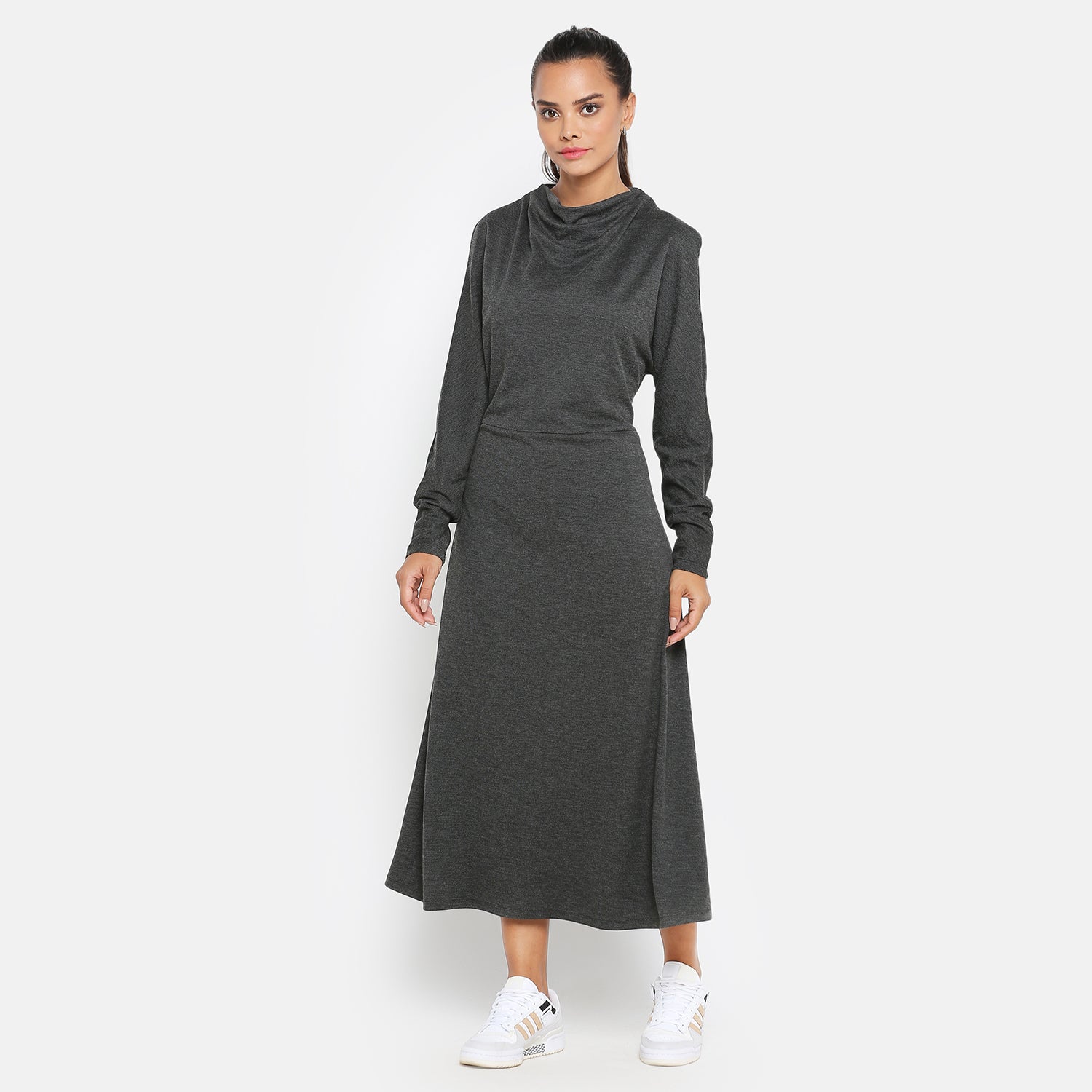 Dark grey knit long dress with cowl neck