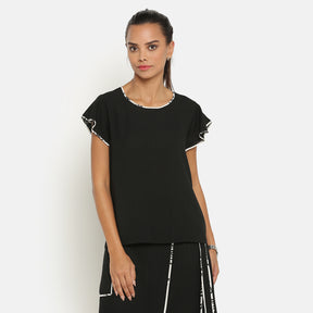Black  Top With Frill on Side Seam With Contrast Pining