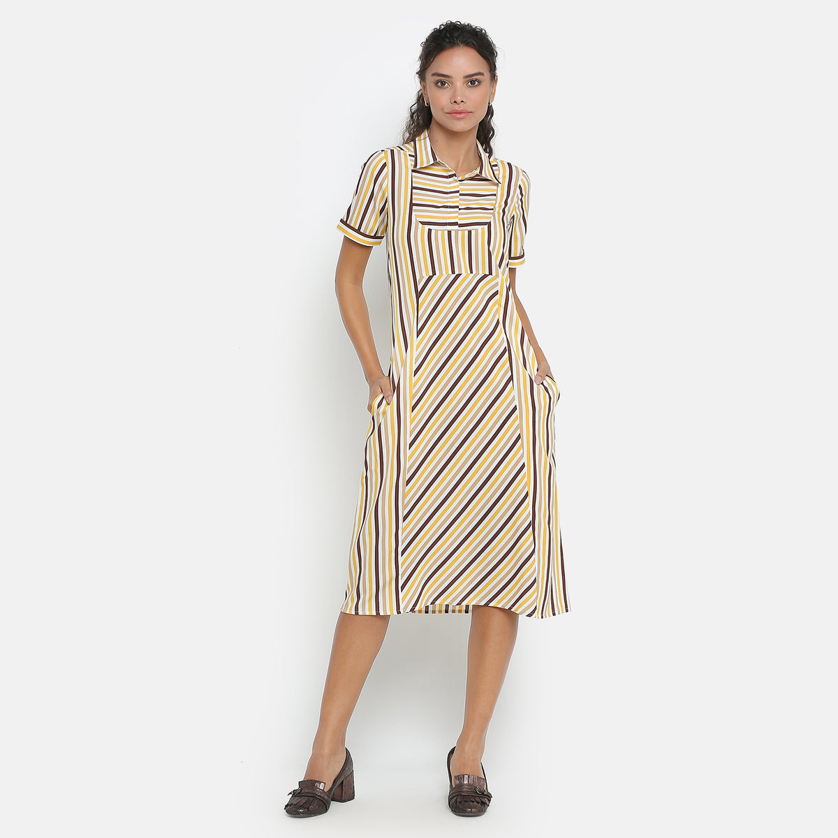 Yellow & brown stripe short dress