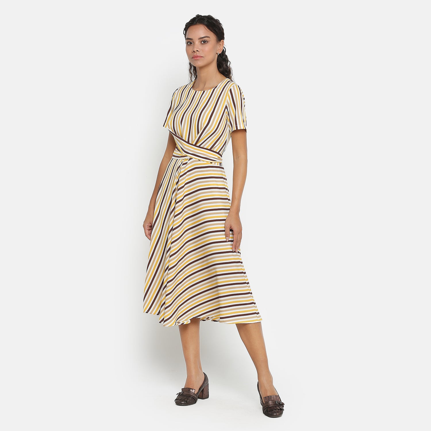 Yellow & brown stripe dress with front tie knot