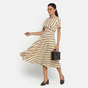 Yellow & brown stripe dress with front tie knot