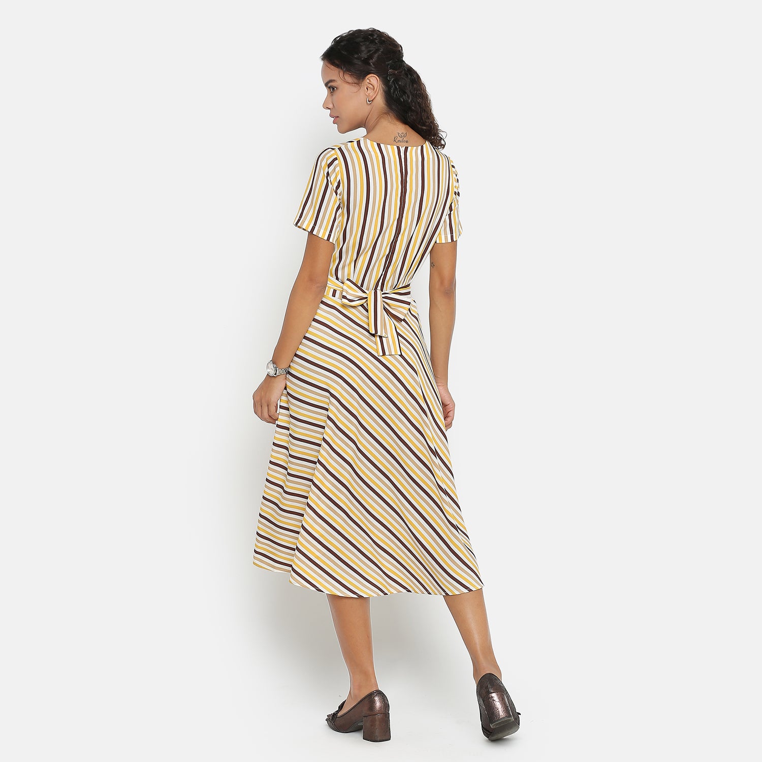 Yellow & Brown Stripe Dress With Front Tie Knot