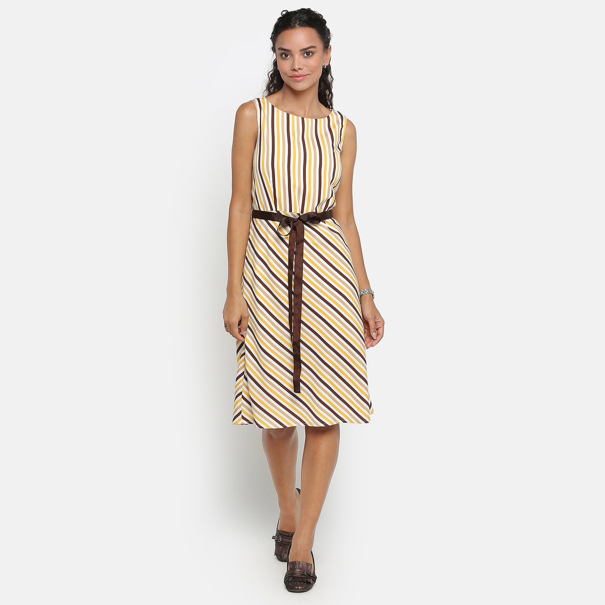 Yellow Stripe Sleeveless Dress With Brown Belt