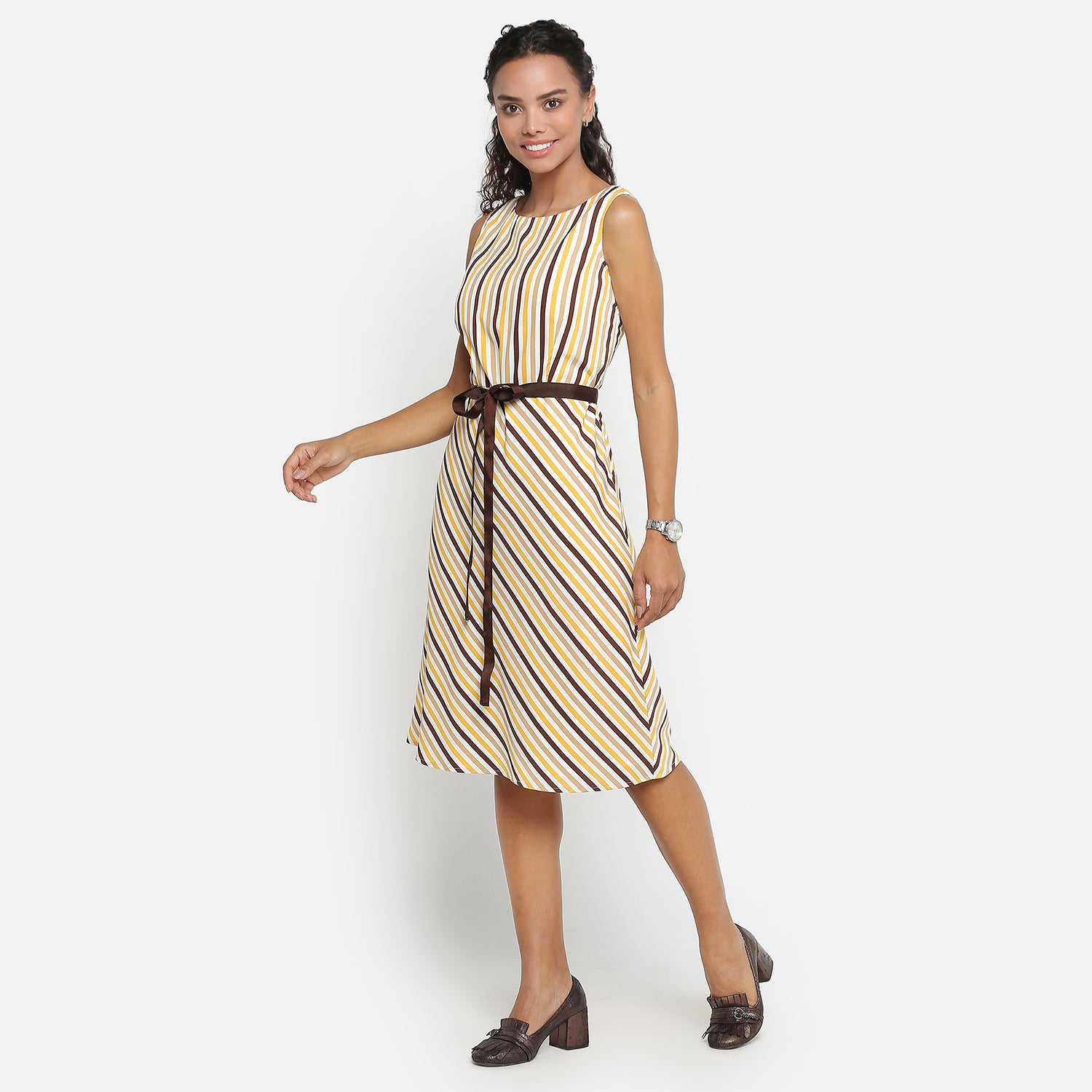 Yellow Stripe Sleeveless Dress With Brown Belt