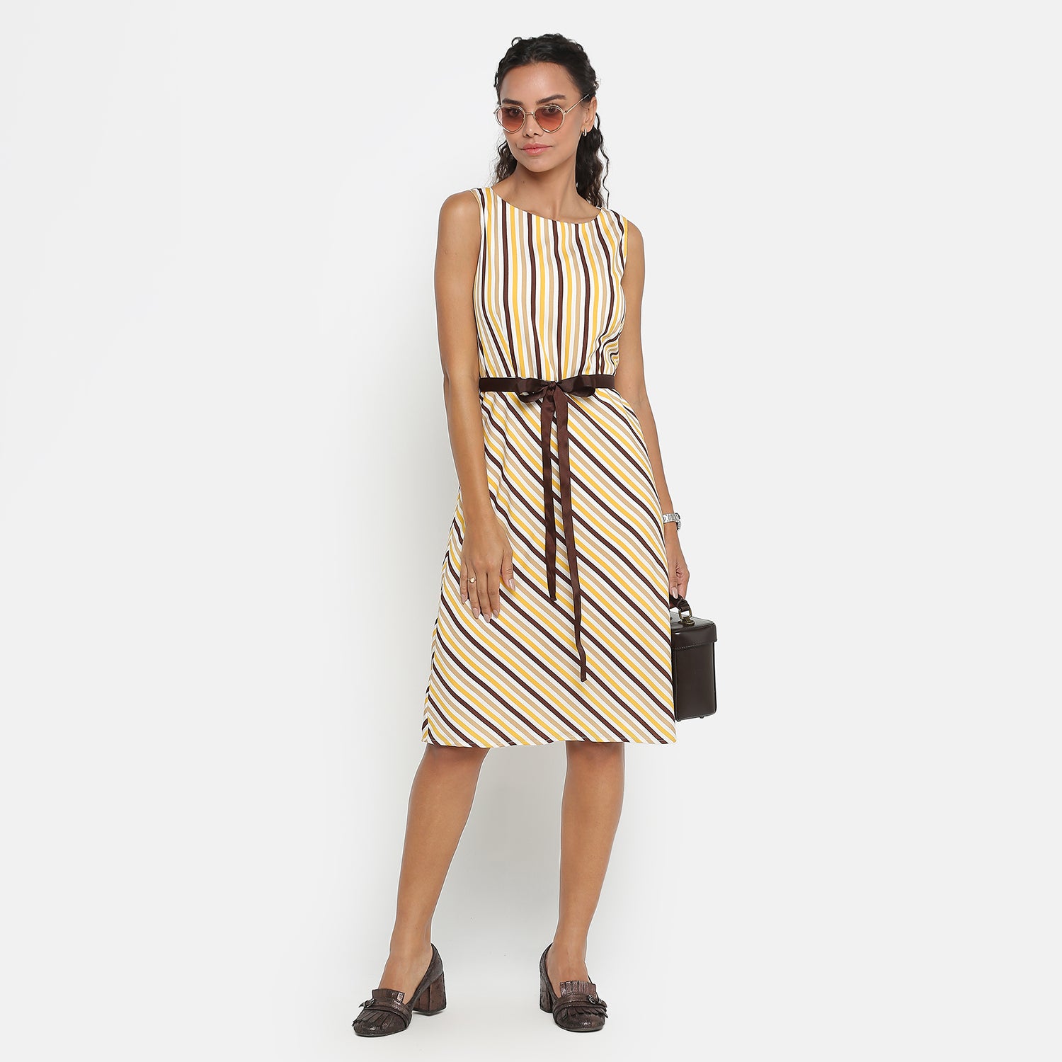 Yellow stripe sleeveless dress with brown belt