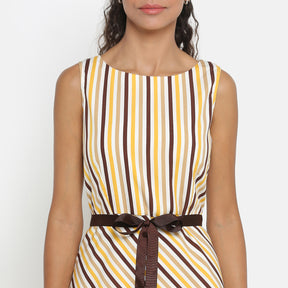 Yellow stripe sleeveless dress with brown belt