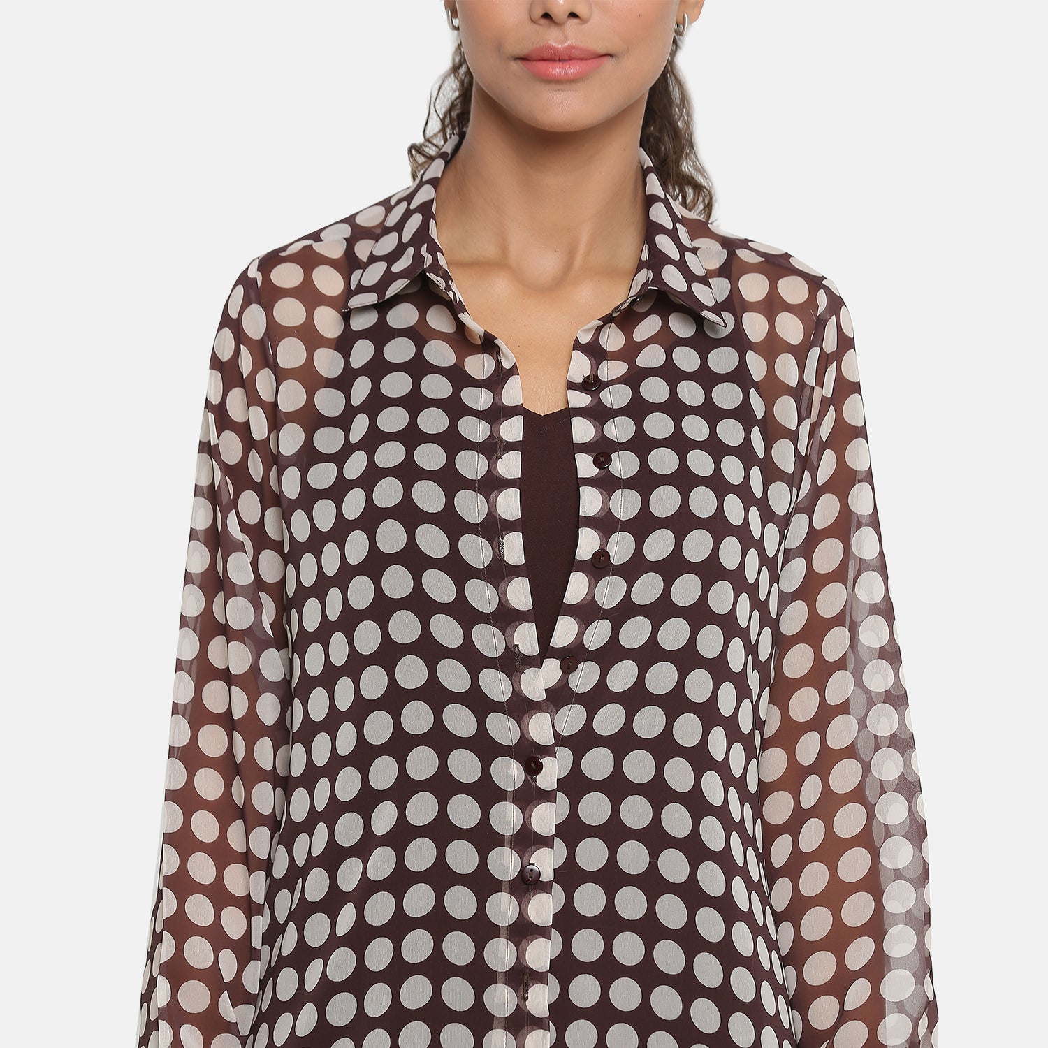 Brown georgette polka dot long tunic with spaghetti inner